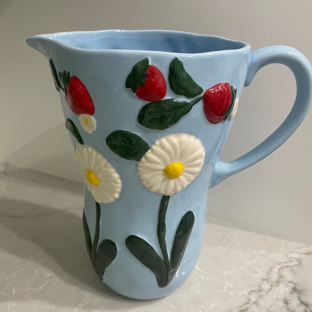 Anthropologie Foster Icon Stoneware Blue Strawberry Floral Jug Pitcher